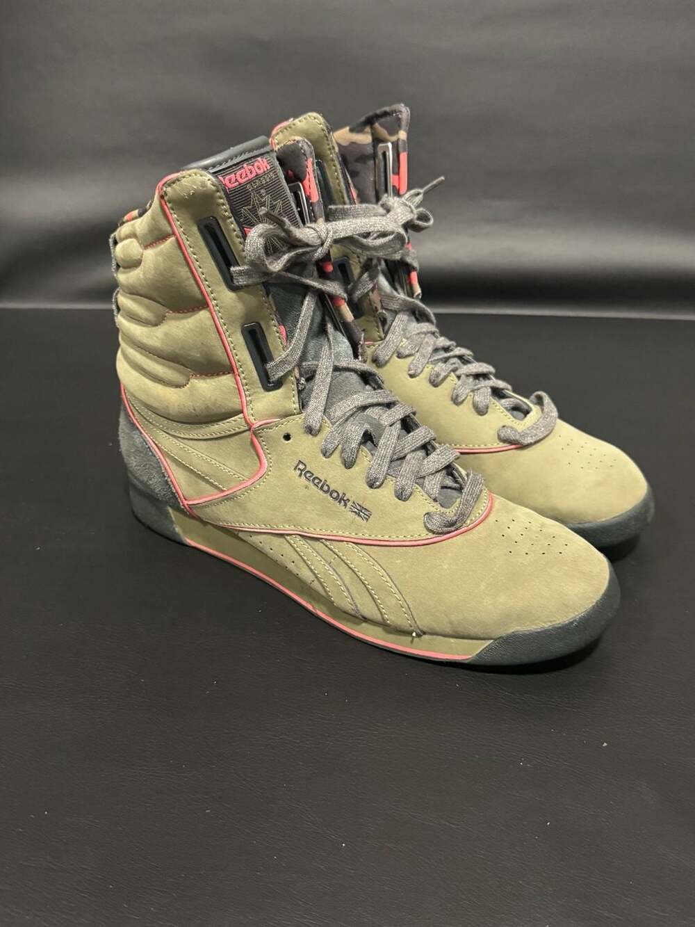 Reebok Freestyle High Top Olive Green Pink Camo Sneakers Size 7.5